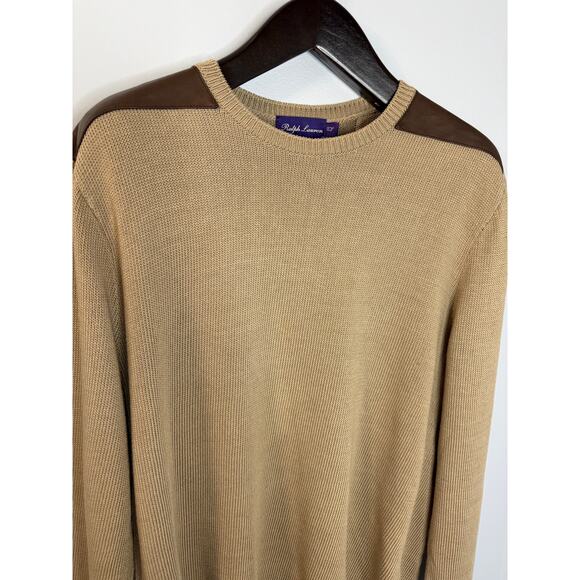 Ralph Lauren Purple Label Sweater Cotton Leather Shoulder Patches Tan Men's XL - Picture 11 of 11
